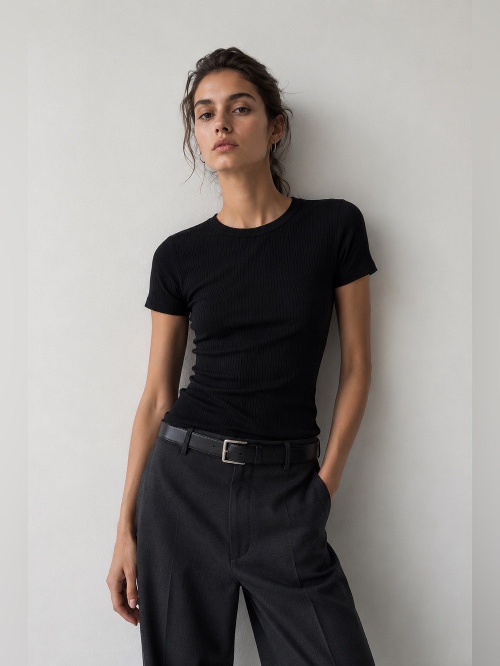 Black Ribbed Stretch Tee Size S Minimalist Short Sleeve Top